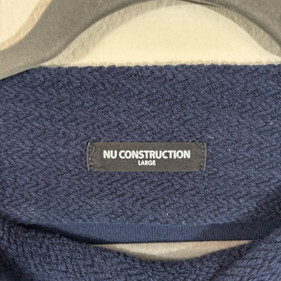 Nu Construction Boat Neck Blue Sweater Sz L Zipper Shoulders Sleeves 100% Cotton - Picture 4 of 5